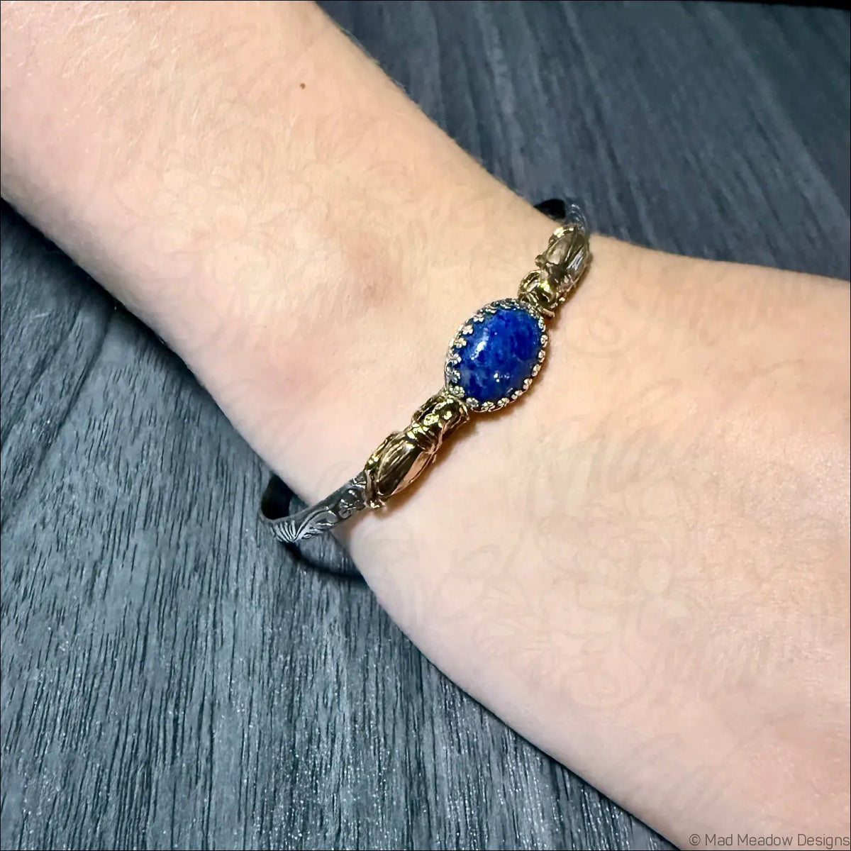 Sterling Silver Cuff Bracelet with Brass Scarabs and Lapis Lazuli Stone - Bracelet
