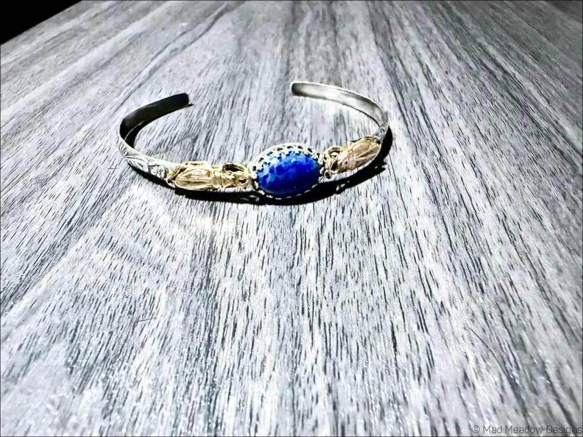 Sterling Silver Cuff Bracelet with Brass Scarabs and Lapis Lazuli Stone - Bracelet