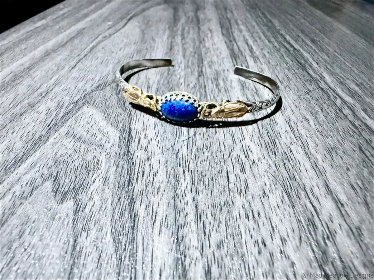 Sterling Silver Cuff Bracelet with Brass Scarabs and Lapis Lazuli Stone - Bracelet
