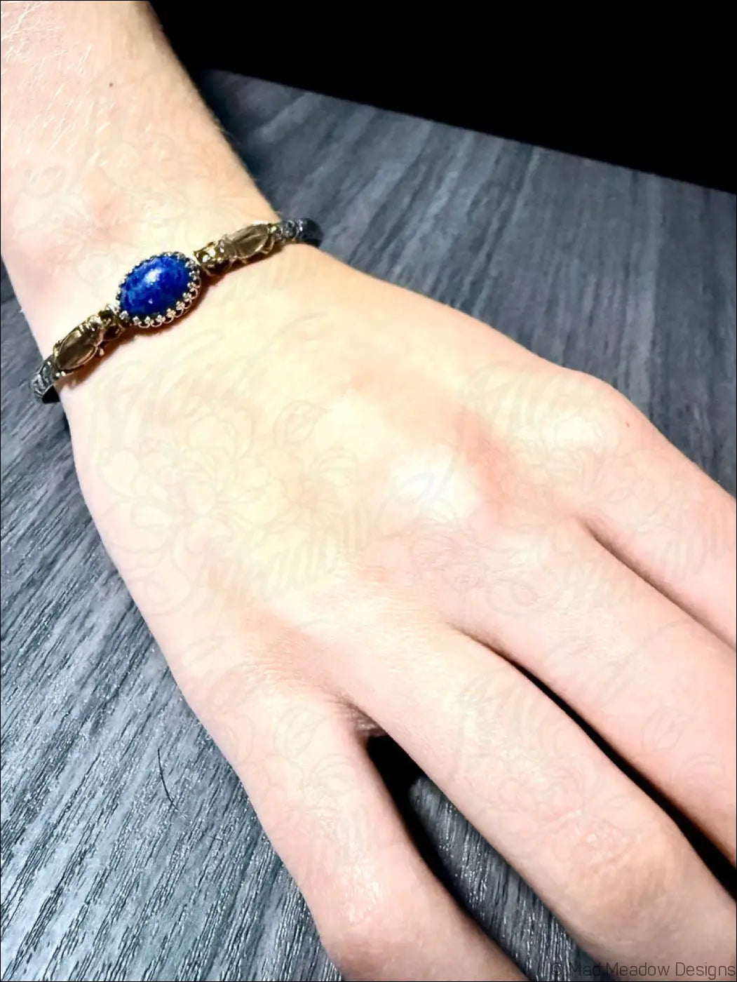 Sterling Silver Cuff Bracelet with Brass Scarabs and Lapis Lazuli Stone - Bracelet