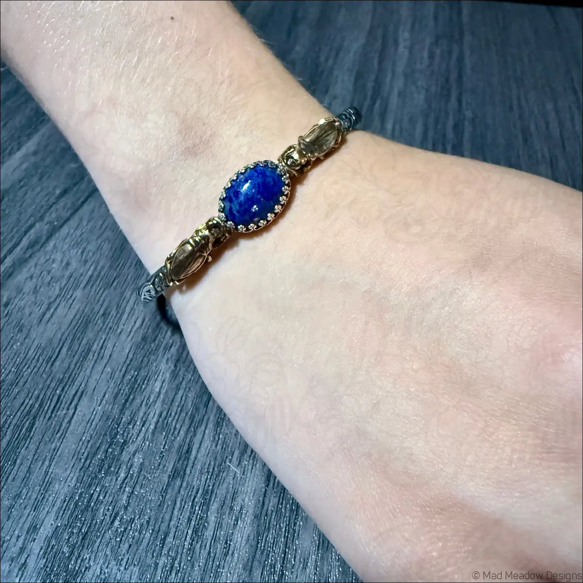 Sterling Silver Cuff Bracelet with Brass Scarabs and Lapis Lazuli Stone - Bracelet