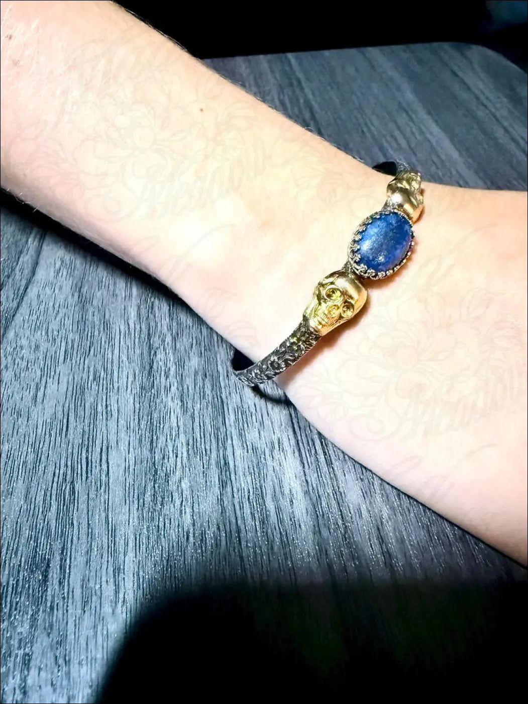 Sterling Silver Cuff Bracelet with Brass Skulls and Lapis Lazuli Stone - Bracelet