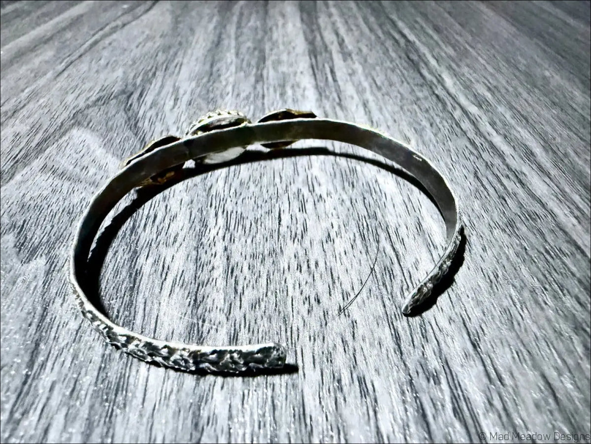 Sterling Silver Cuff Bracelet with Brass Skulls and Lapis Lazuli Stone - Bracelet