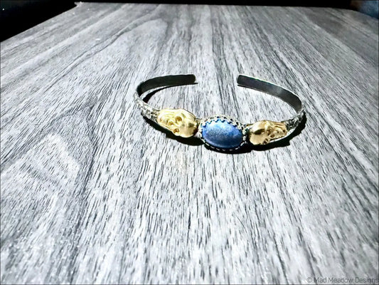 Sterling Silver Cuff Bracelet with Brass Skulls and Lapis Lazuli Stone - Bracelet