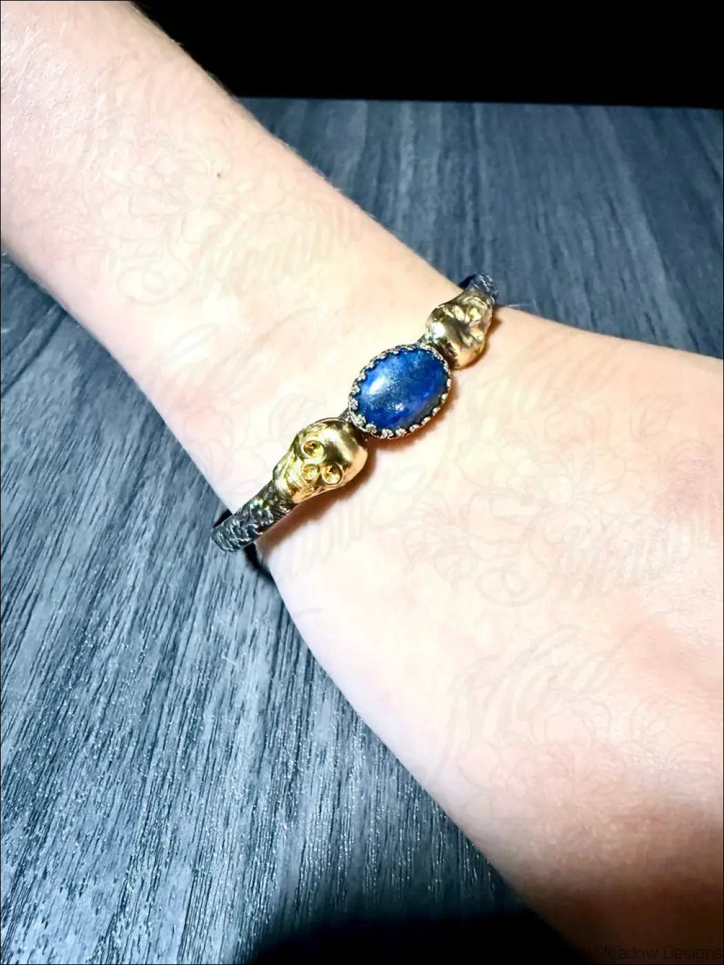 Sterling Silver Cuff Bracelet with Brass Skulls and Lapis Lazuli Stone - Bracelet