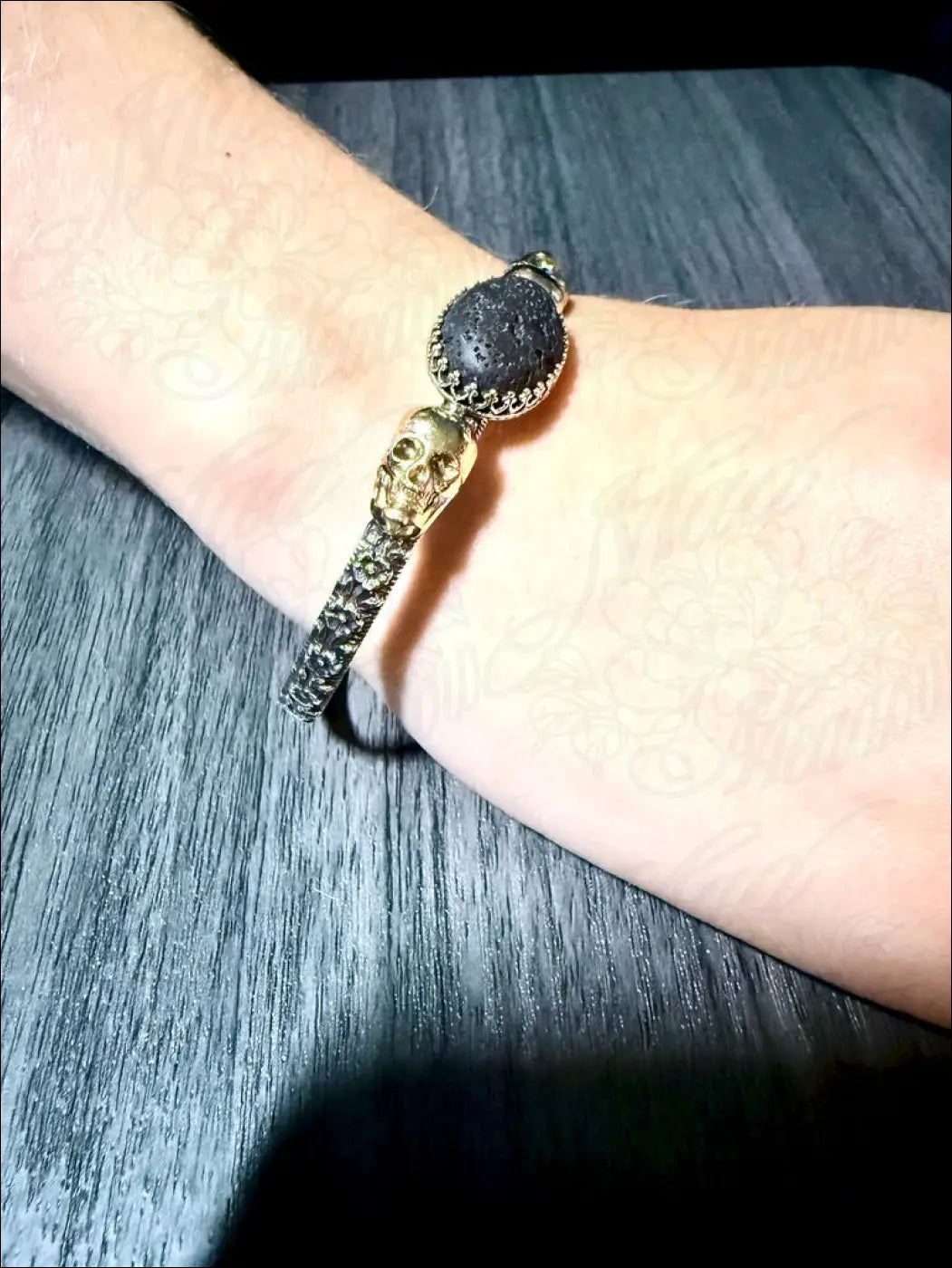 Sterling Silver Cuff Bracelet with Brass Skulls and Lava Stone - Bracelet