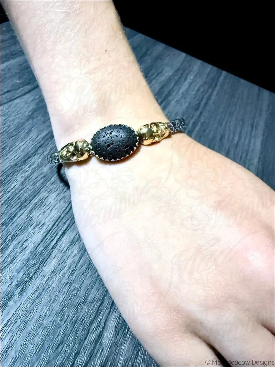 Sterling Silver Cuff Bracelet with Brass Skulls and Lava Stone - Bracelet