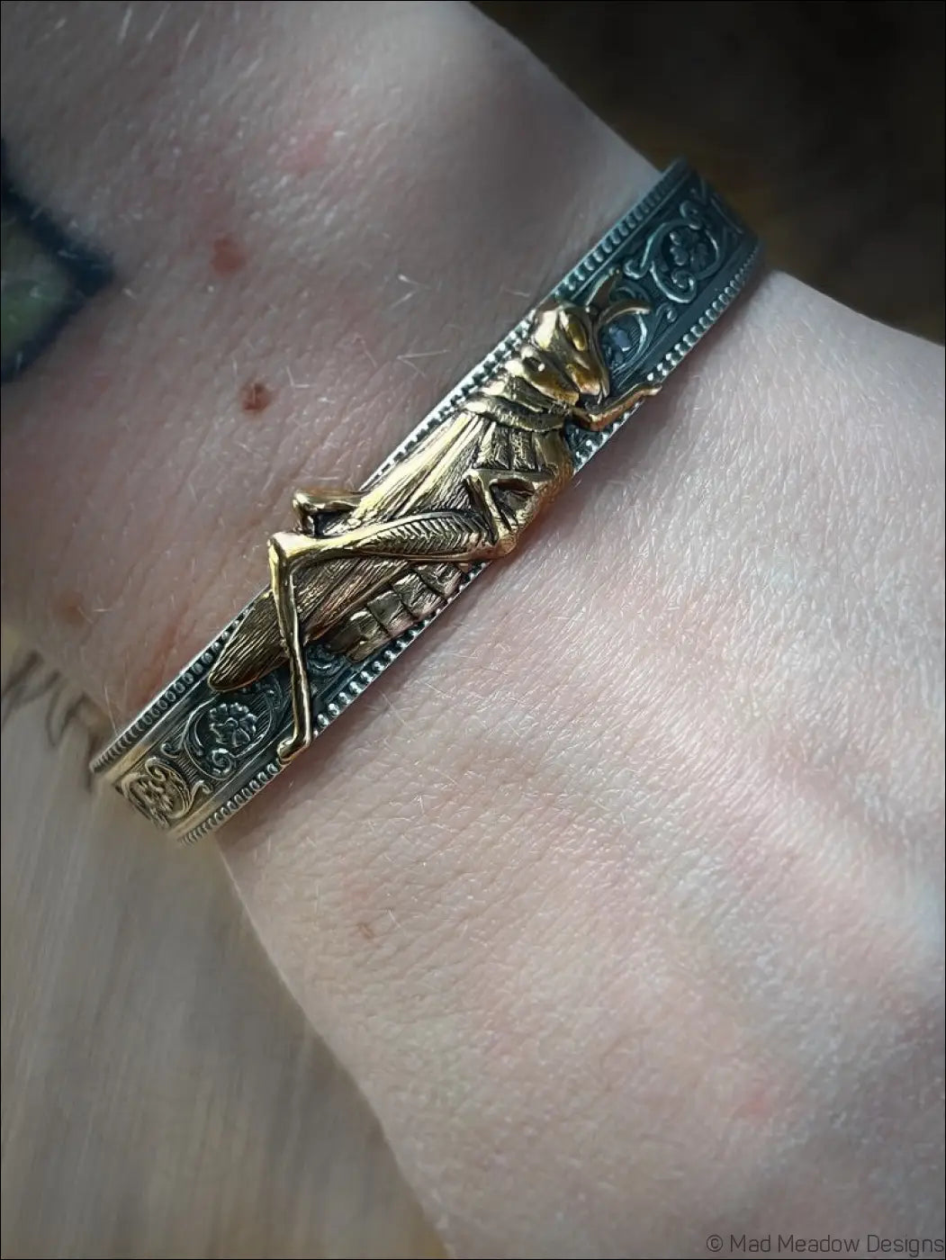 Sterling Silver Cuff Bracelet with Grasshopper Brass Accent