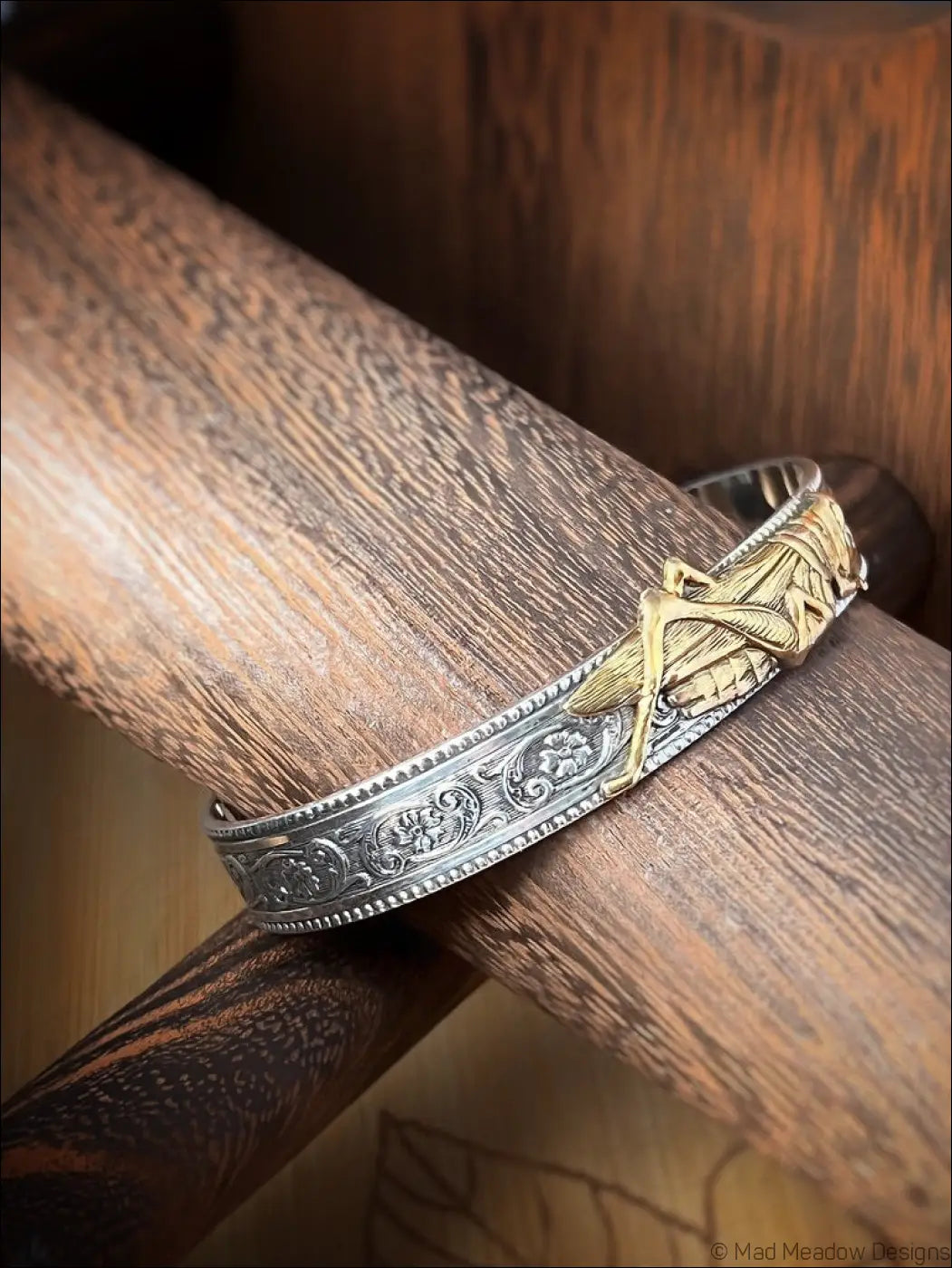 Sterling Silver Cuff Bracelet with Grasshopper Brass Accent