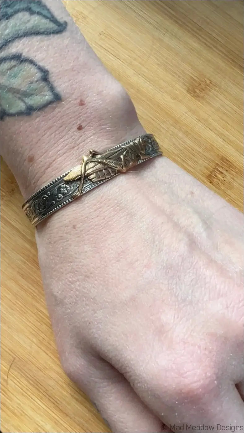 Sterling Silver Cuff Bracelet with Grasshopper Brass Accent