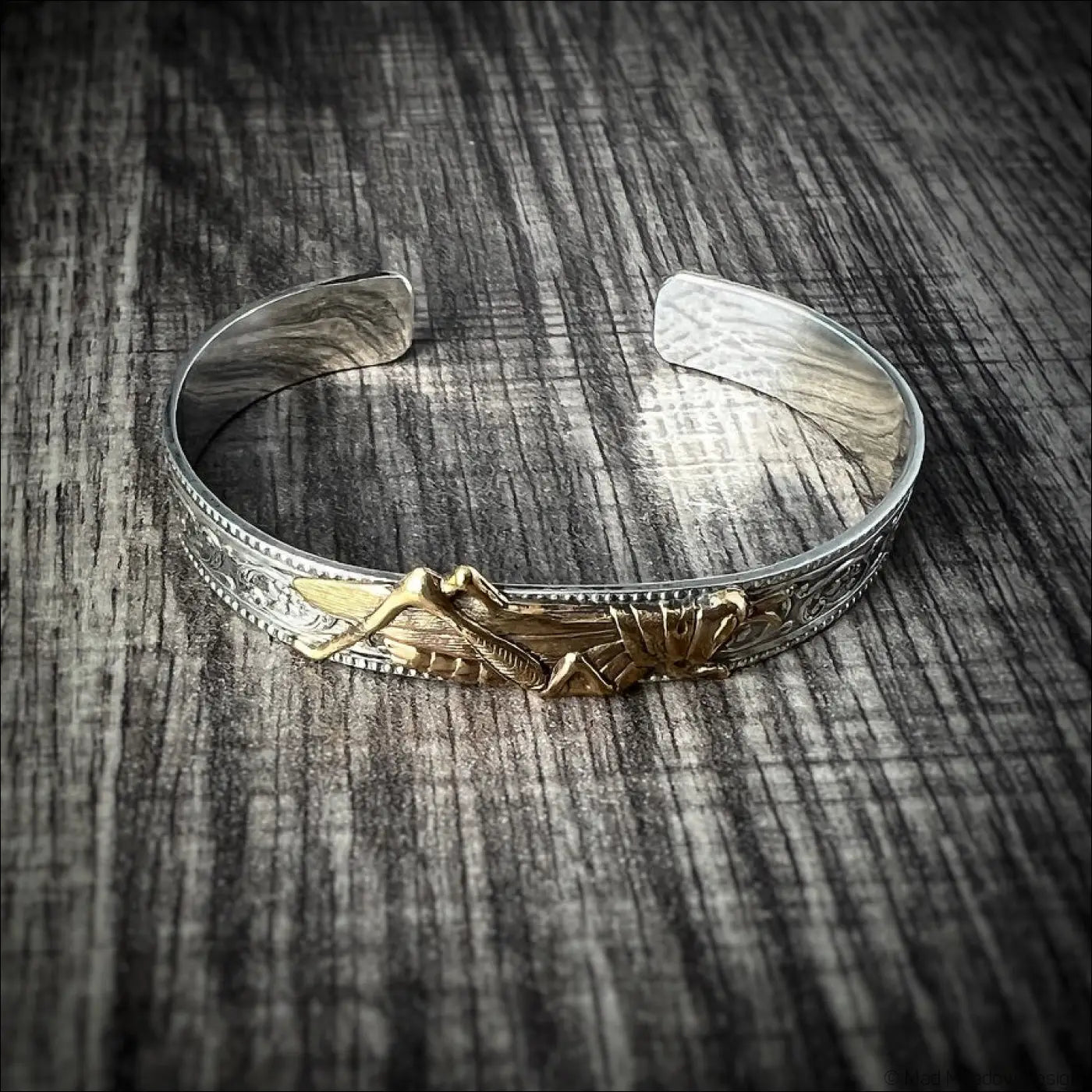 Sterling Silver Cuff Bracelet with Grasshopper Brass Accent
