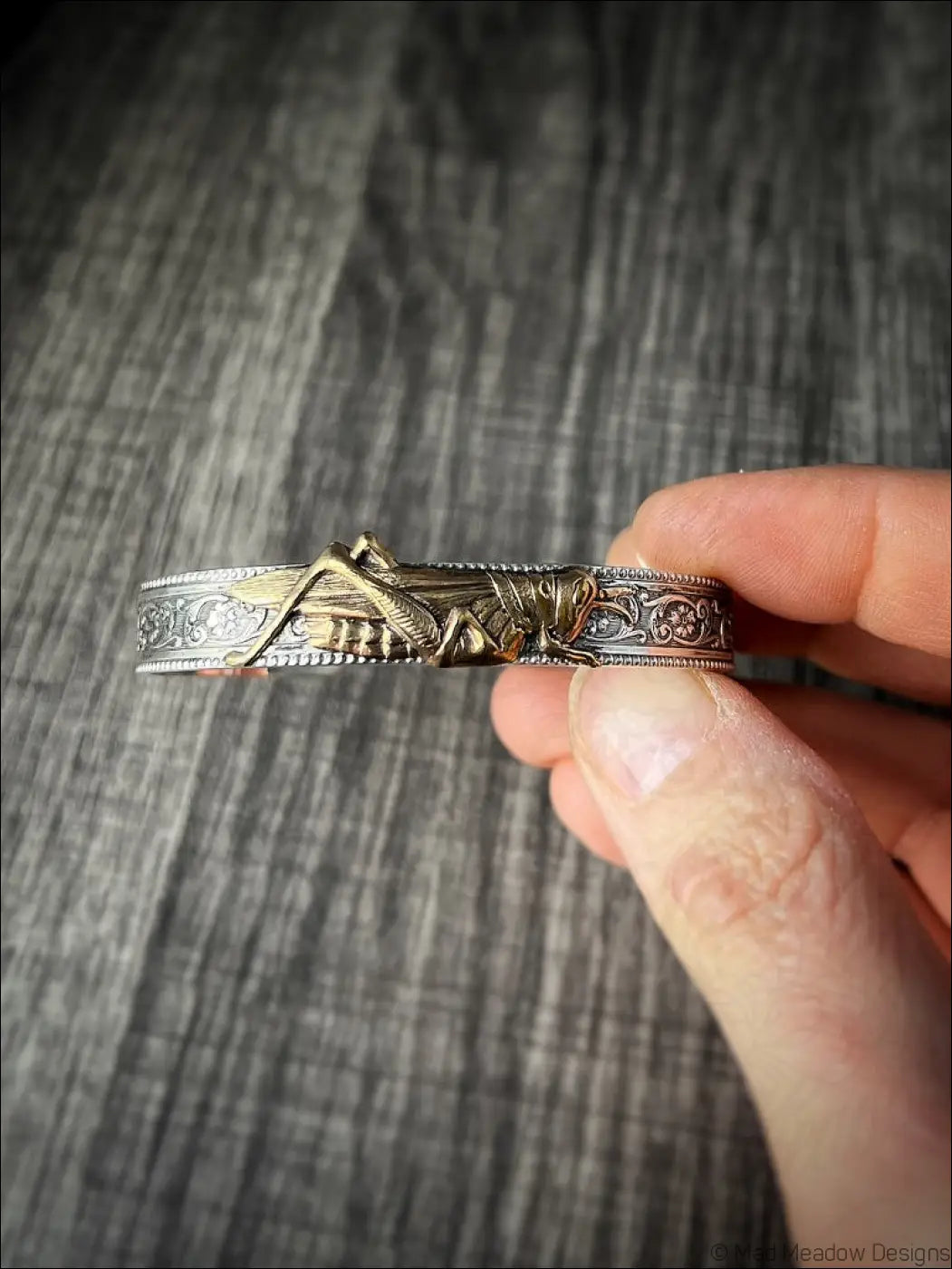 Sterling Silver Cuff Bracelet with Grasshopper Brass Accent