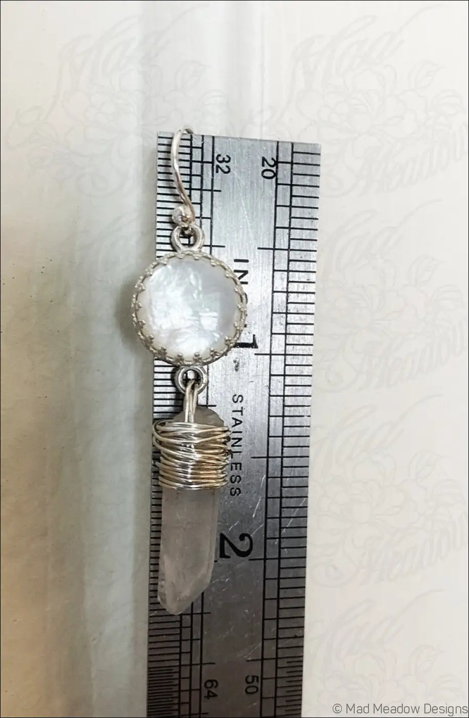 White Goddess Mother of Pearl and Quartz Point Sterling Silver Dangle Earrings - Jewelry
