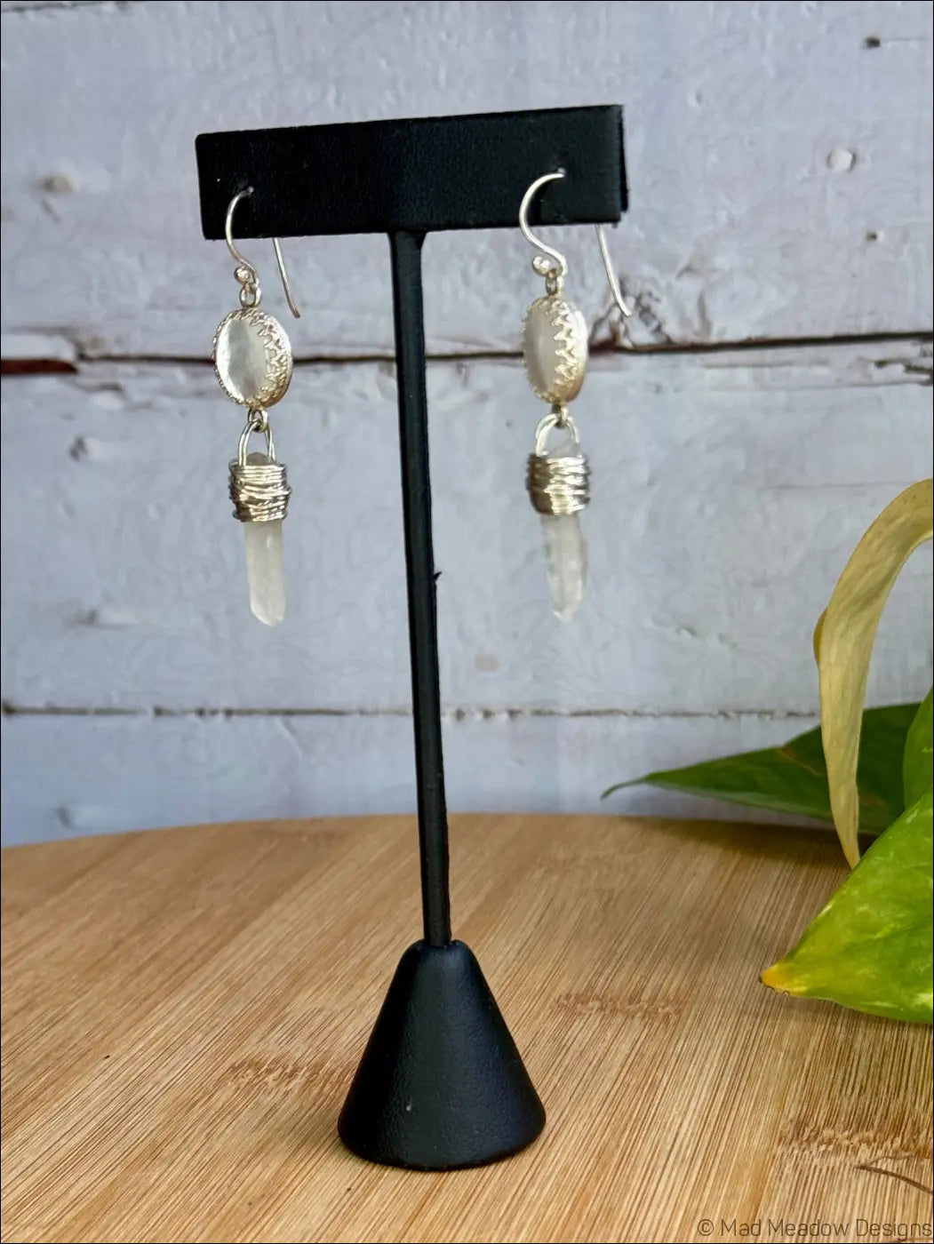 White Goddess Mother of Pearl and Quartz Point Sterling Silver Dangle Earrings - Jewelry