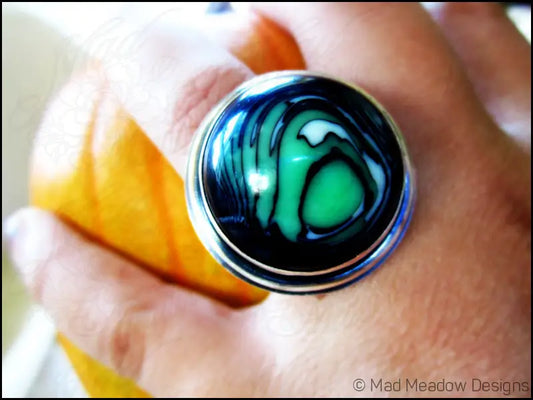 Sterling Silver Eco Friendly Vintage Lucite Statement Ring Slime Green Artisan Hand Fabricated Bezel Set Adjustable
