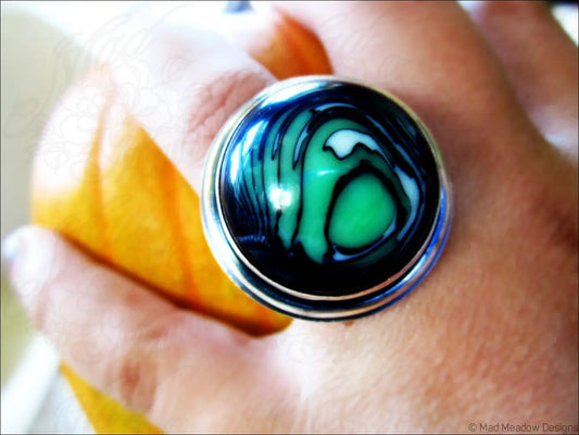 Sterling Silver Eco Friendly Vintage Lucite Statement Ring Slime Green Artisan Hand Fabricated Bezel Set Adjustable