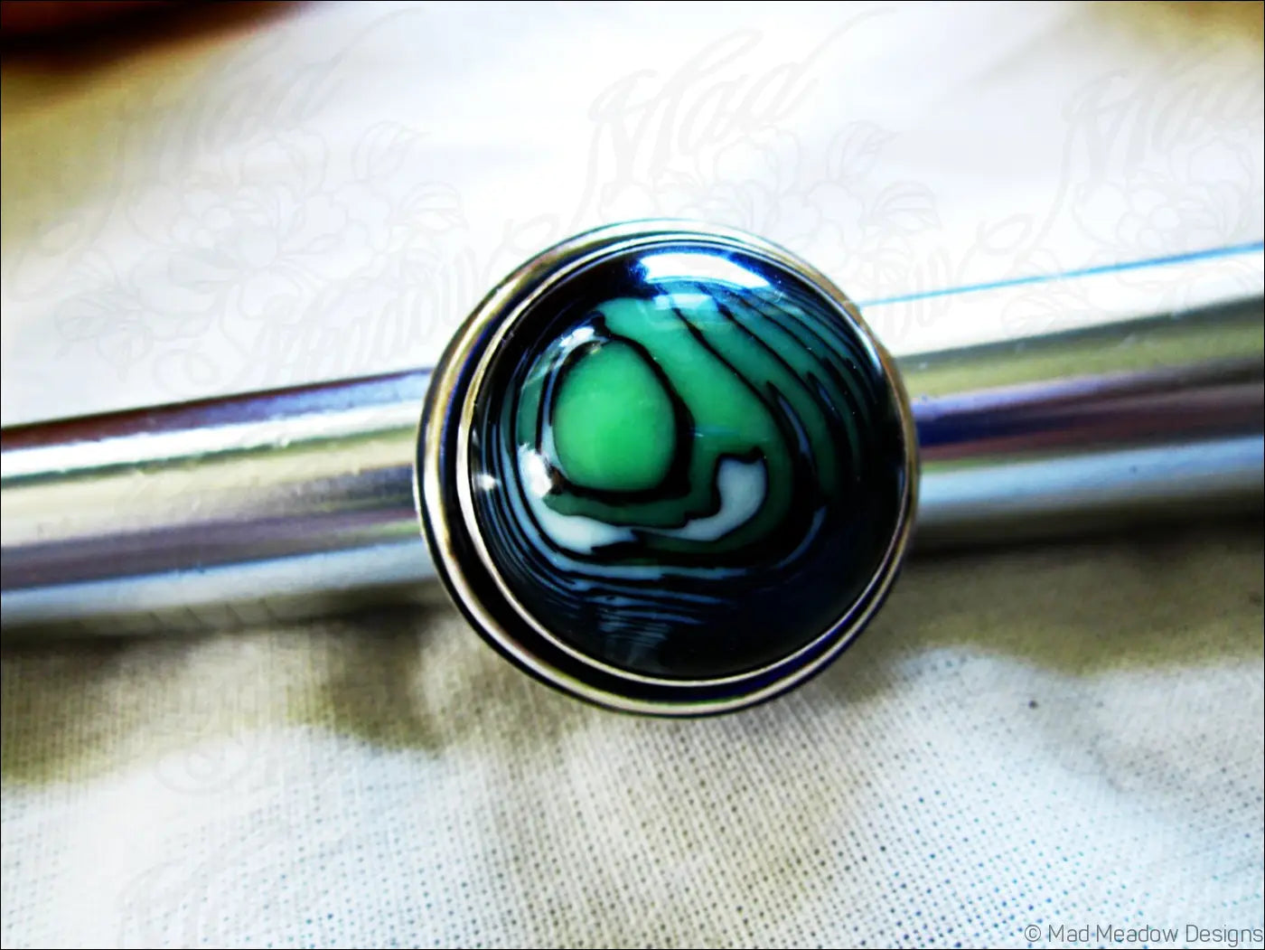 Sterling Silver Eco Friendly Vintage Lucite Statement Ring Slime Green Artisan Hand Fabricated Bezel Set Adjustable