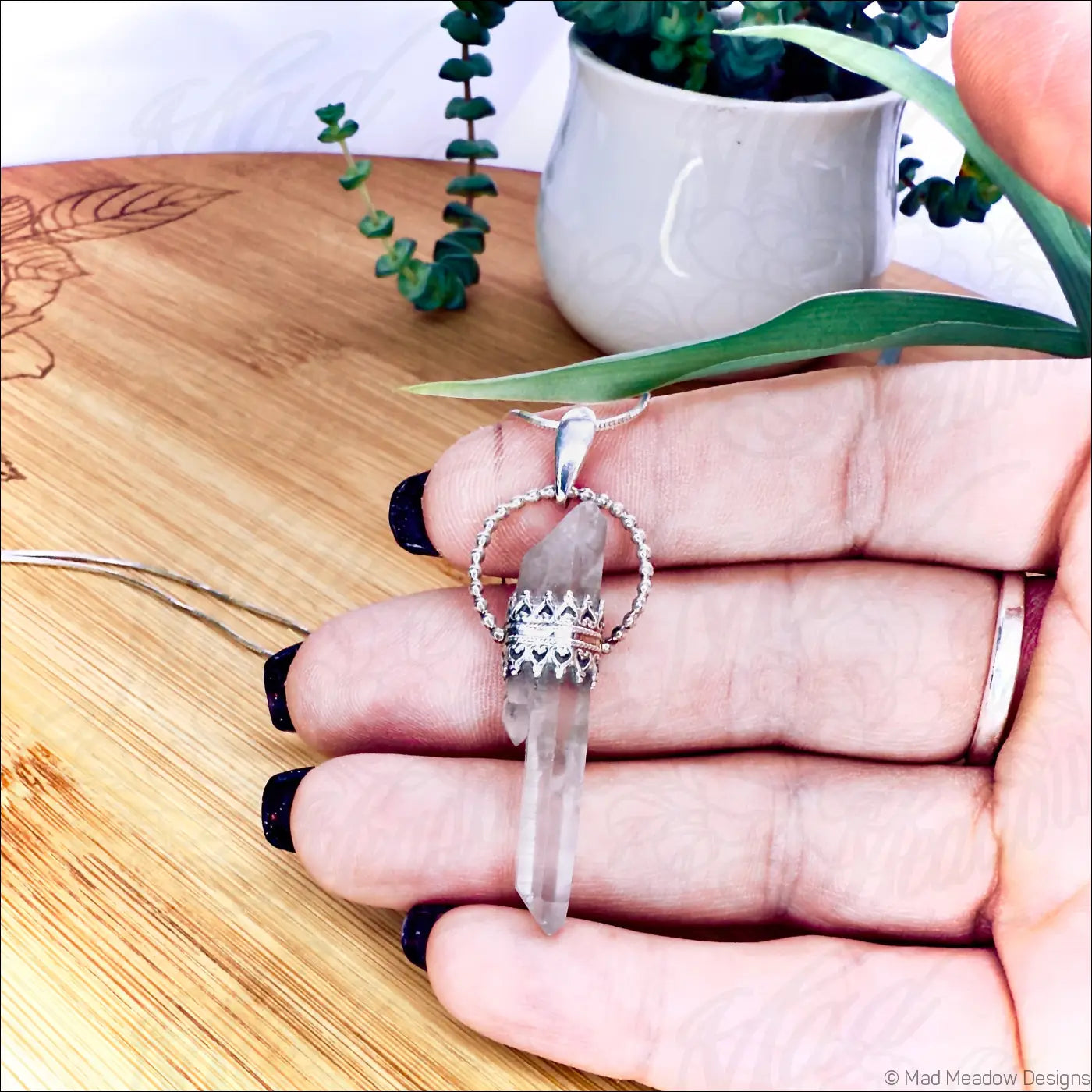 Sterling Silver Quartz Crystal Point Goddess Pendant Necklace - Jewelry