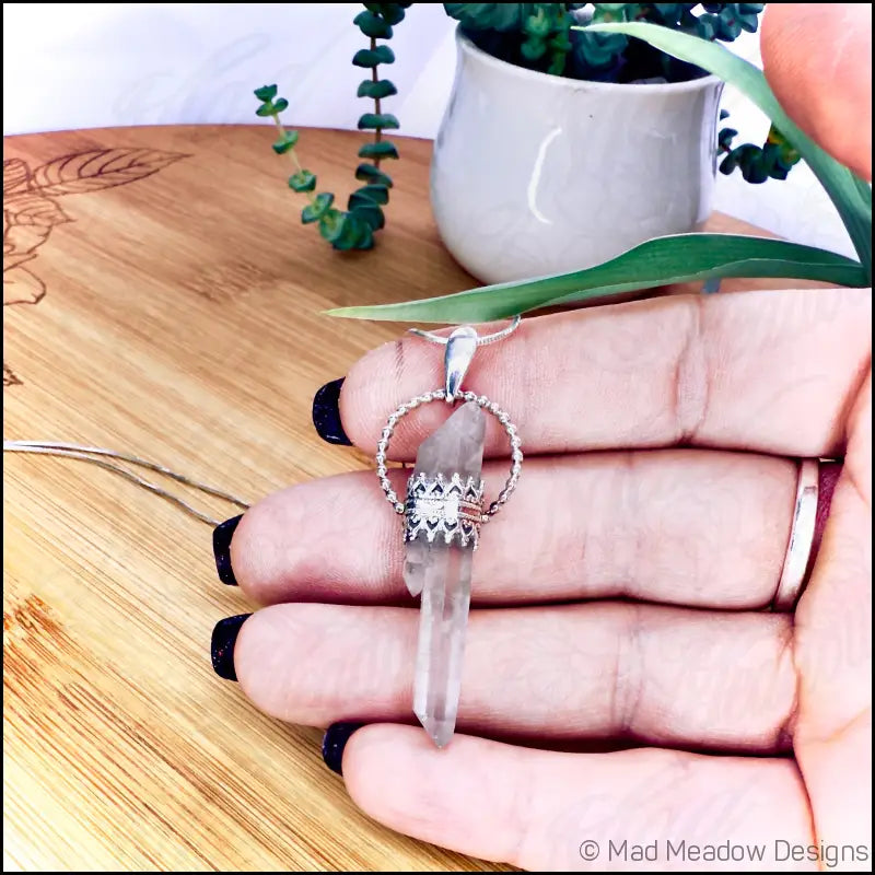 Sterling Silver Quartz Crystal Point Goddess Pendant Necklace - Jewelry