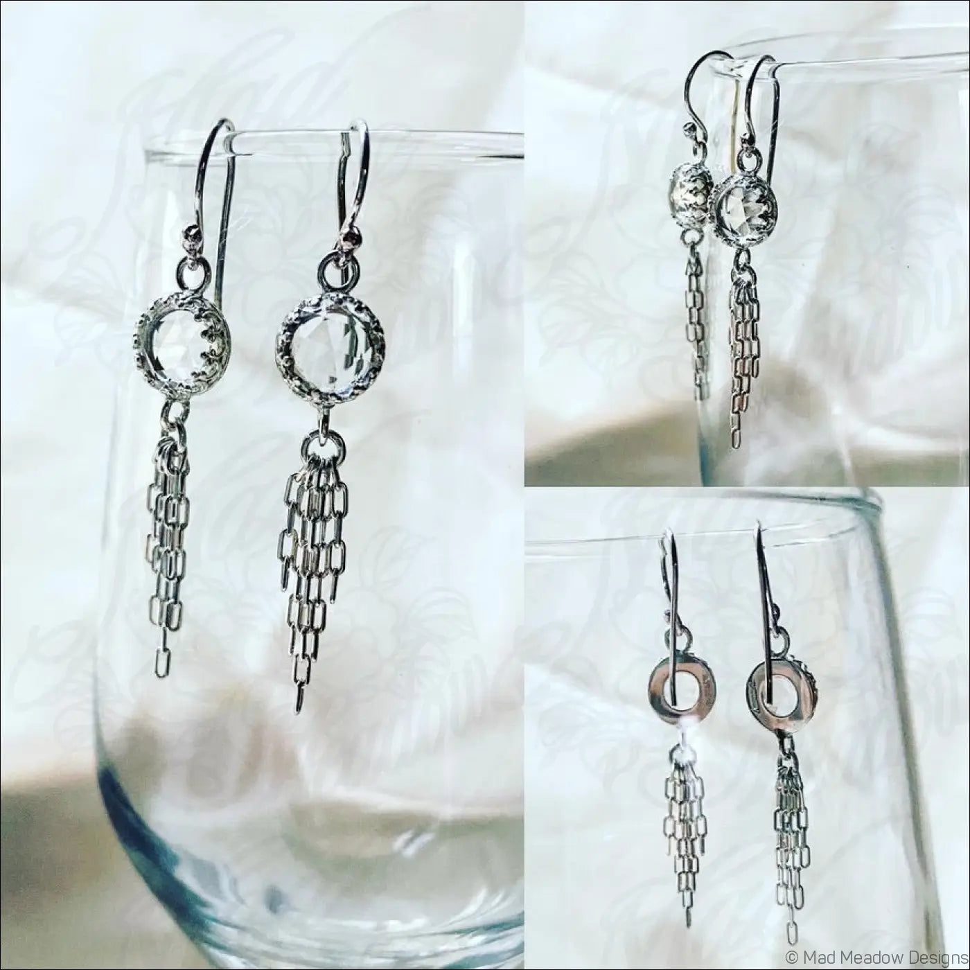 Clear White 8mm Rose Cut Quartz Sterling Silver Chain Tassel Earrings - Jewelry