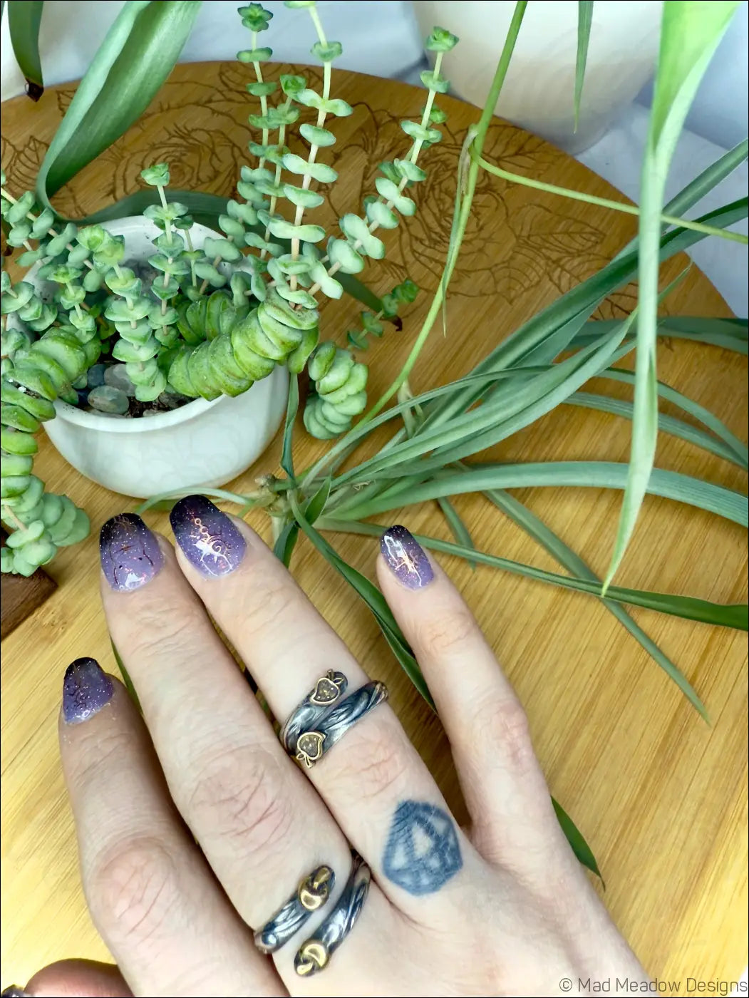 Swirl Sterling Silver Wrap Ring with Brass Accents Flowers Mushrooms Strawberries - Strawberries - Jewelry