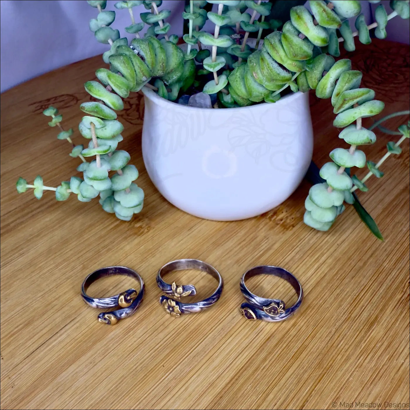 Swirl Sterling Silver Wrap Ring with Brass Accents Flowers Mushrooms Strawberries - Jewelry