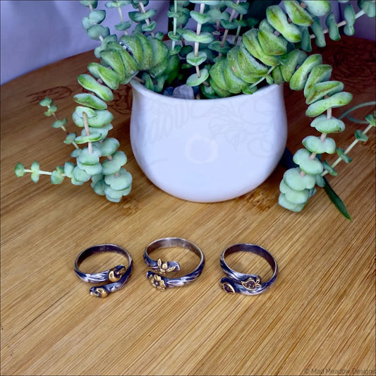 Swirl Sterling Silver Wrap Ring with Brass Accents Flowers Mushrooms Strawberries - Jewelry