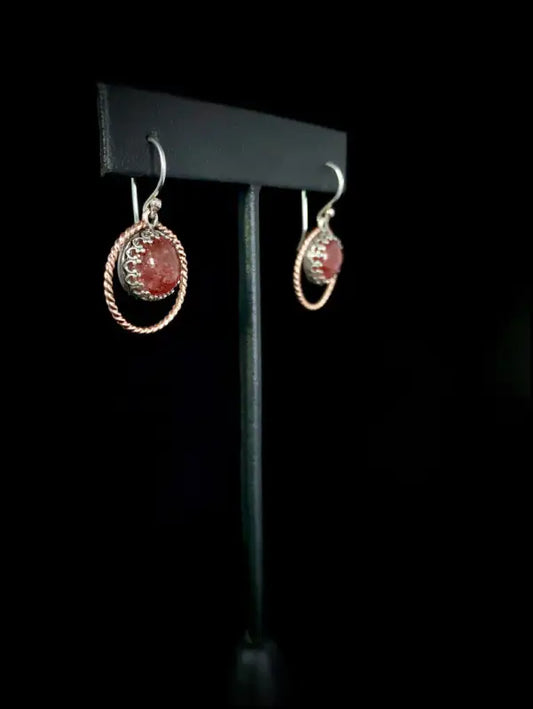 Strawberry Quartz Sterling Silver and 14k Rose GF Halo Dangle Earrings - Jewelry