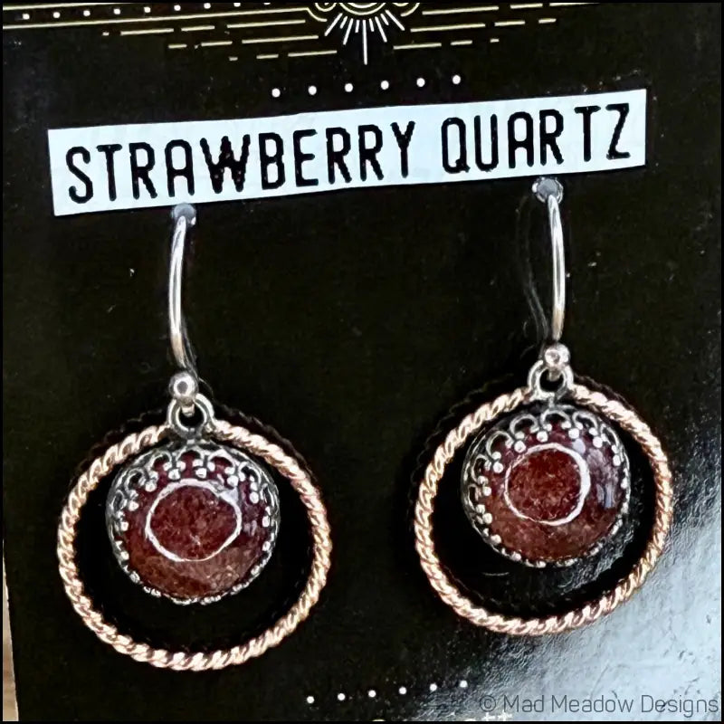 Strawberry Quartz Sterling Silver and 14k Rose GF Halo Dangle Earrings - Jewelry