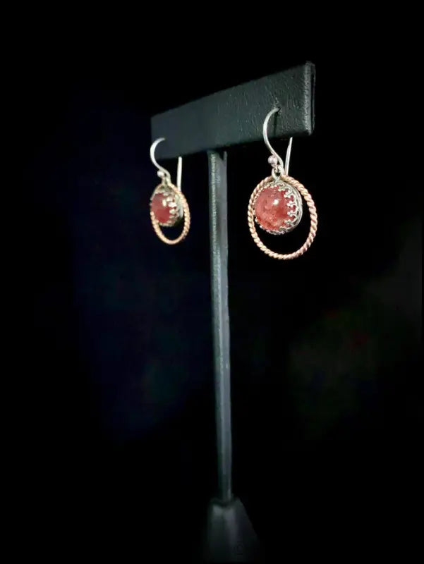 Strawberry Quartz Sterling Silver and 14k Rose GF Halo Dangle Earrings - Jewelry