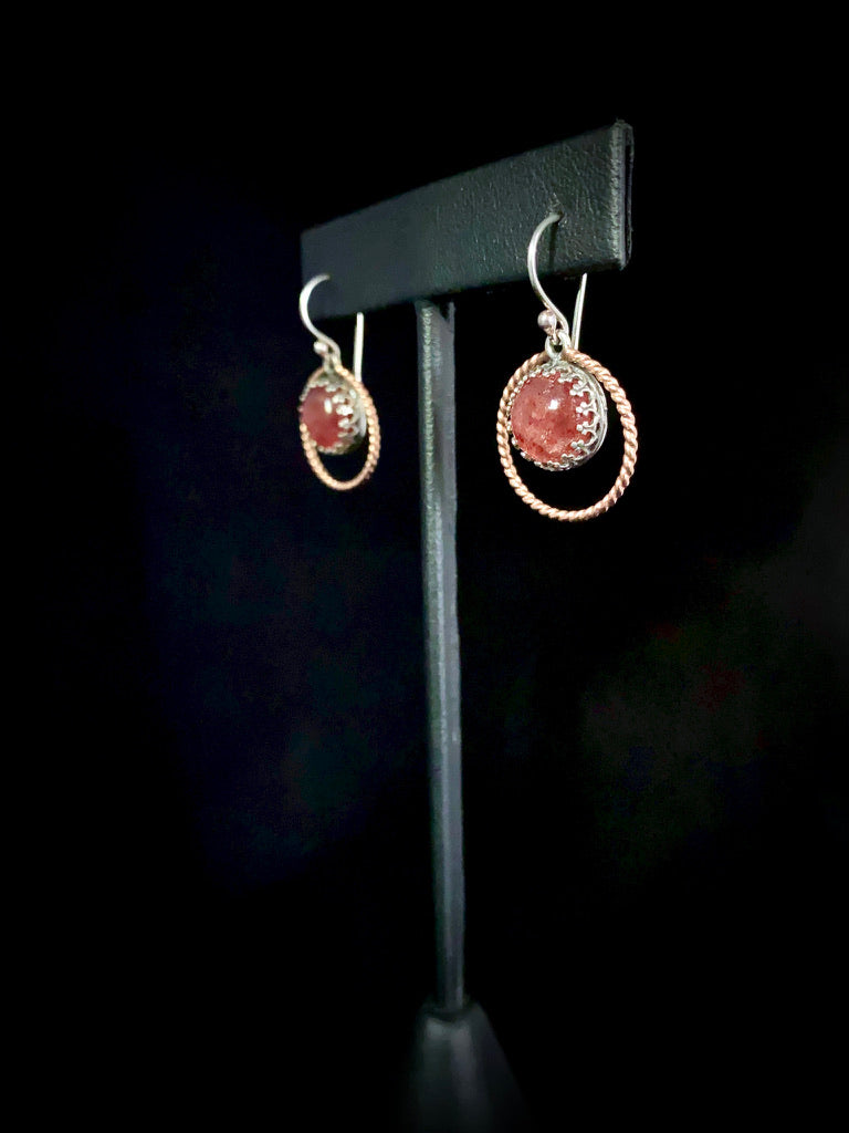 Strawberry Quartz Sterling Silver and 14k Rose GF Halo Dangle Earrings - Jewelry