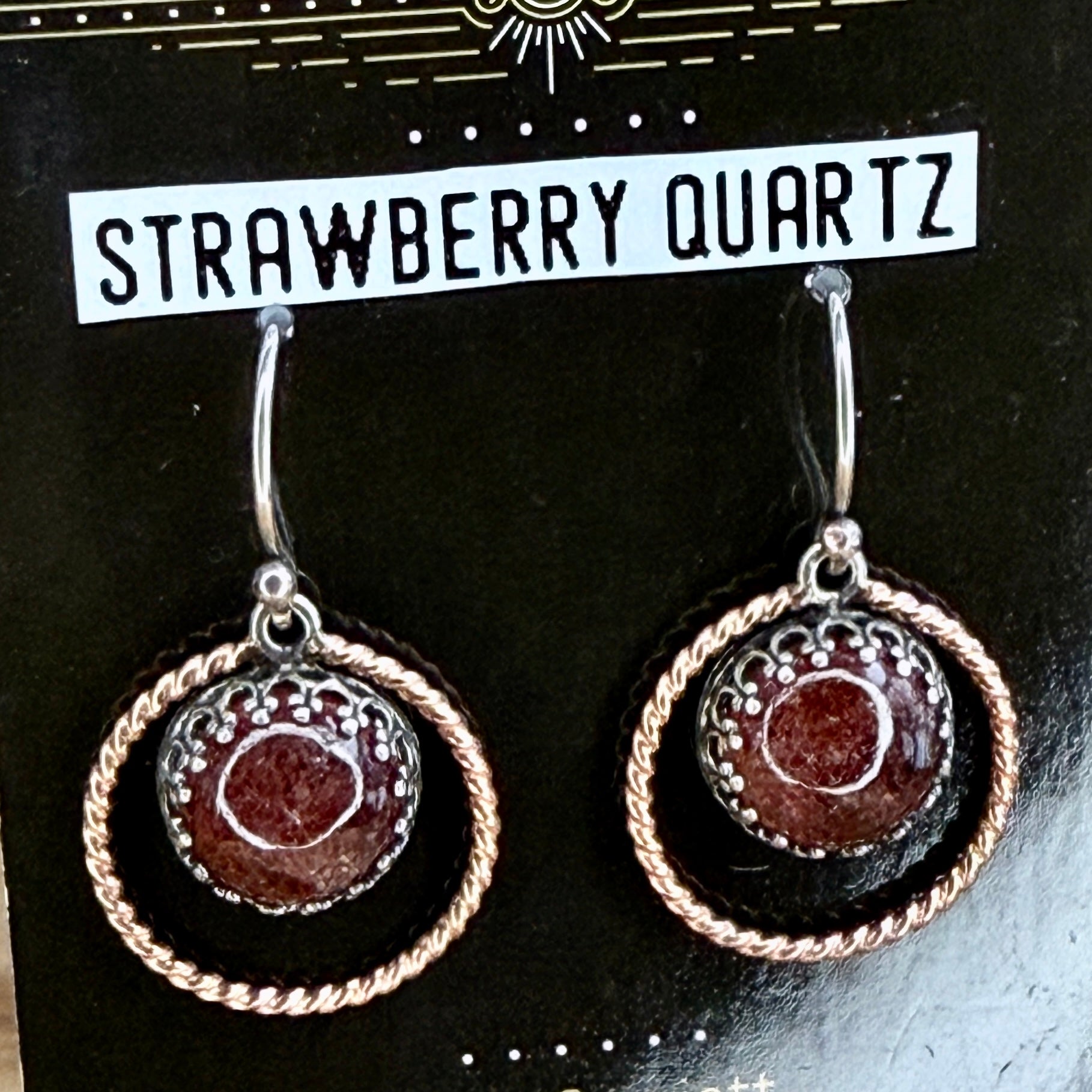 Strawberry Quartz Sterling Silver and 14k Rose GF Halo Dangle Earrings - Jewelry