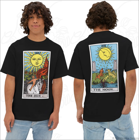 Black oversized boxy sun and moon tarot tee with rider waite smith card designs on front and back low heat care
