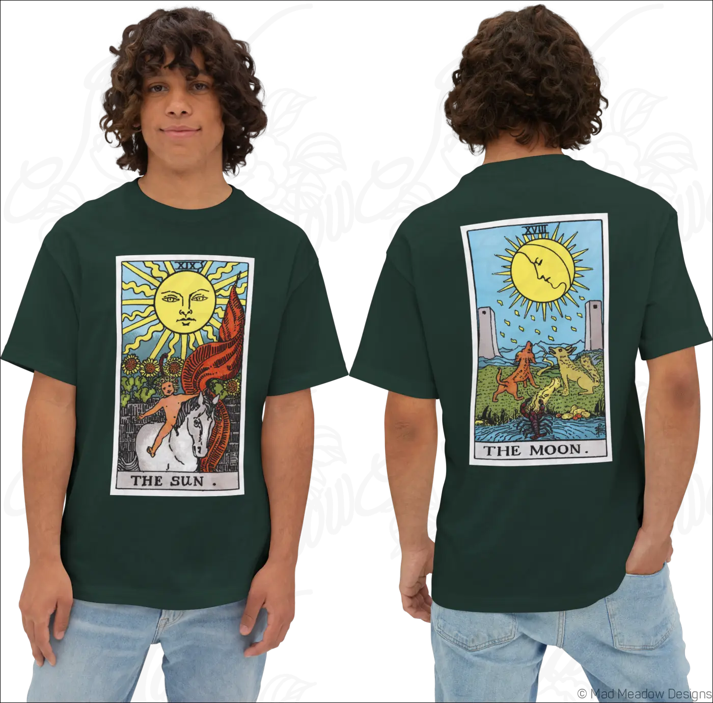 Dark green oversized boxy t-shirt with vibrant rider waite smith tarot card designs on front and back low heat care
