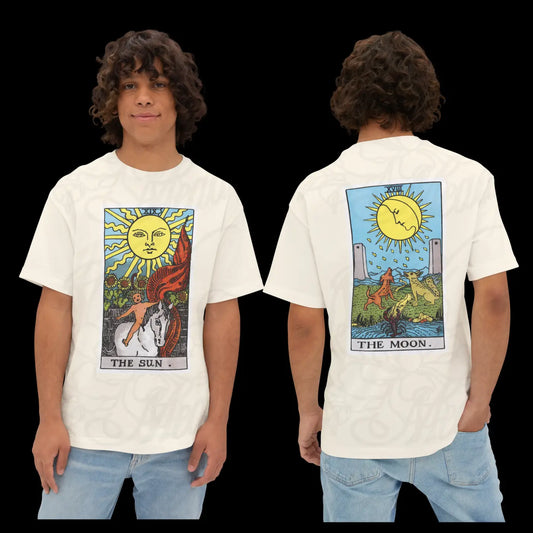 White oversized boxy t-shirt with colorful rider waite smith sun and moon tarot card designs, low heat print care