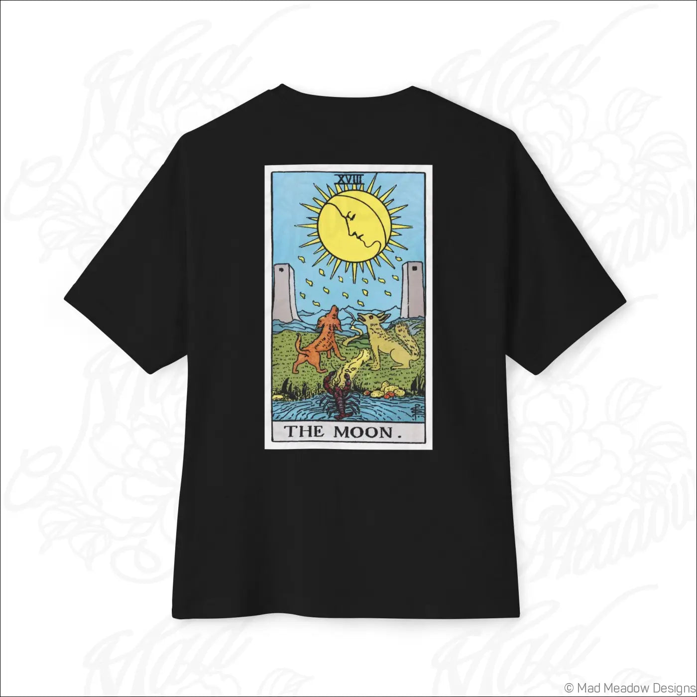Black oversized boxy short-sleeved t-shirt with colorful moon tarot card graphic and rider waite smith design low heat care