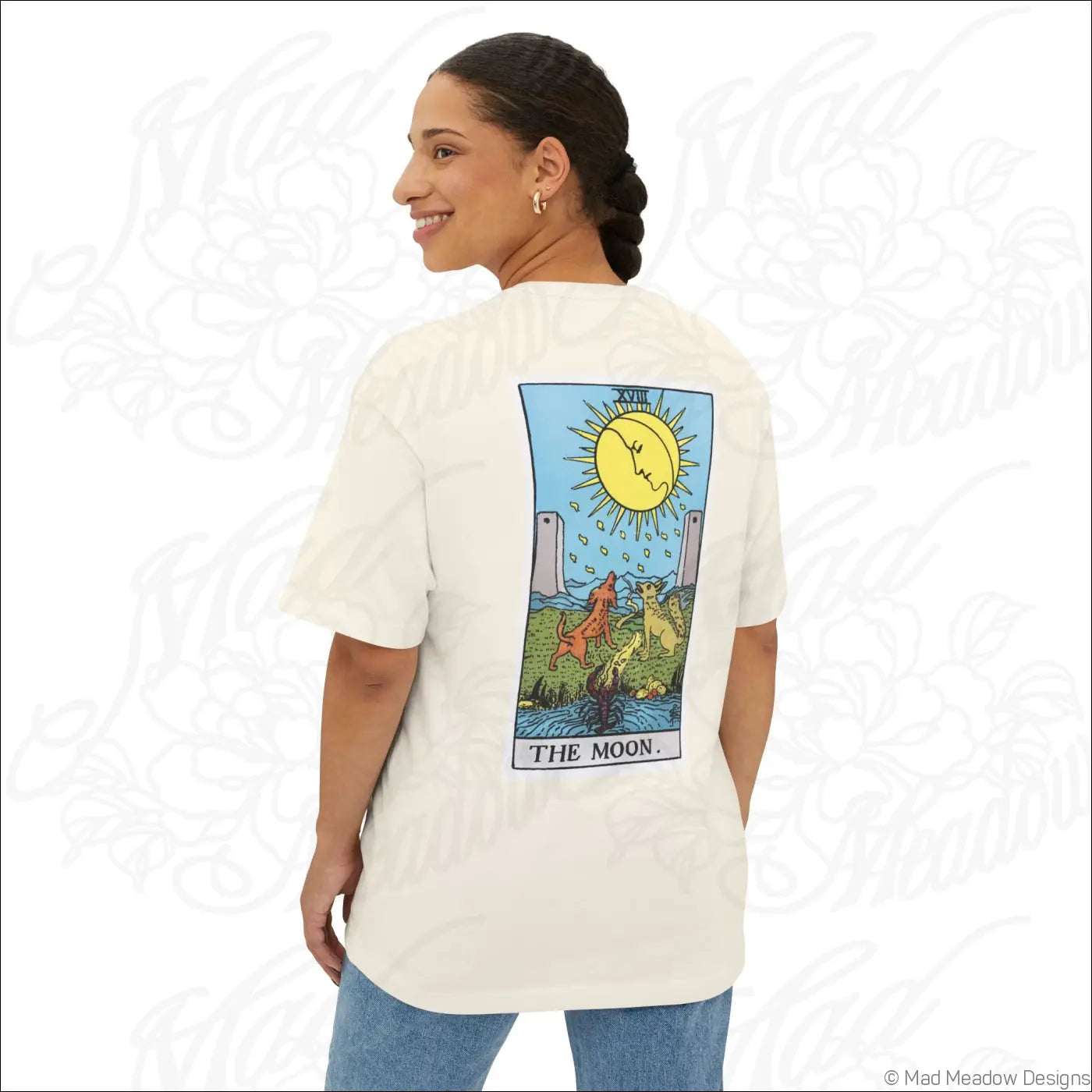 Cream oversized boxy t-shirt with vibrant rider waite smith the moon tarot card design on back low heat care