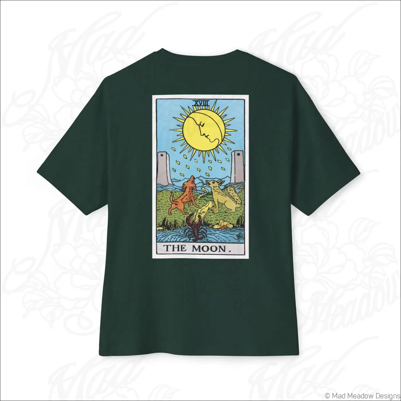 Dark green oversized boxy short-sleeved rider waite smith t-shirt featuring colorful moon tarot card on the back designed for low heat care
