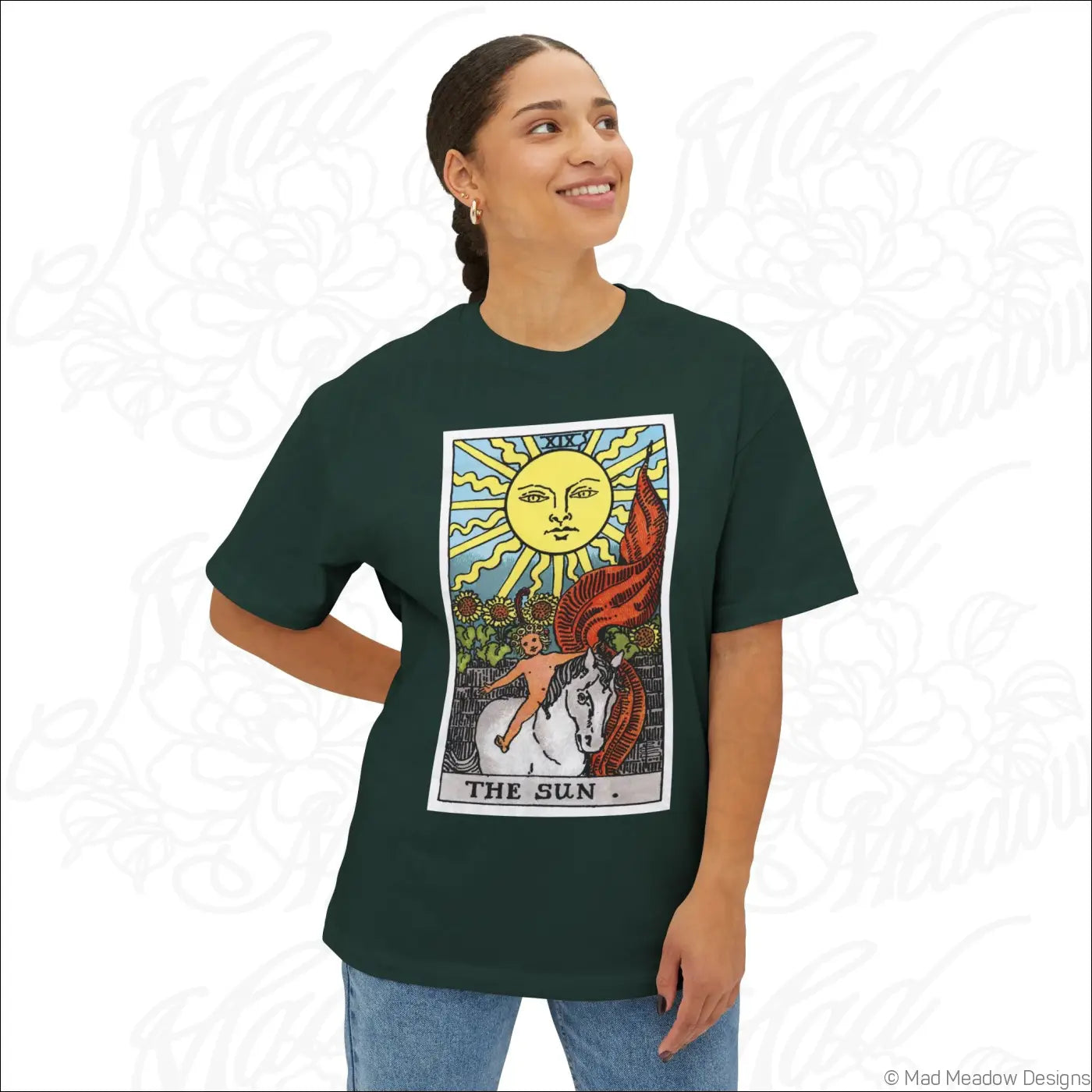 Dark green cotton oversized boxy t-shirt with rider waite smith sun tarot card graphic for low heat care