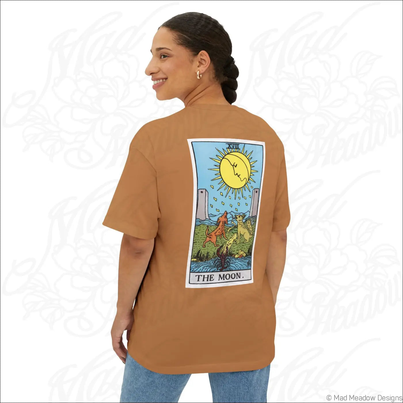 Tan oversized boxy short-sleeved rider waite smith t-shirt with colorful moon tarot card graphic on the back low heat care