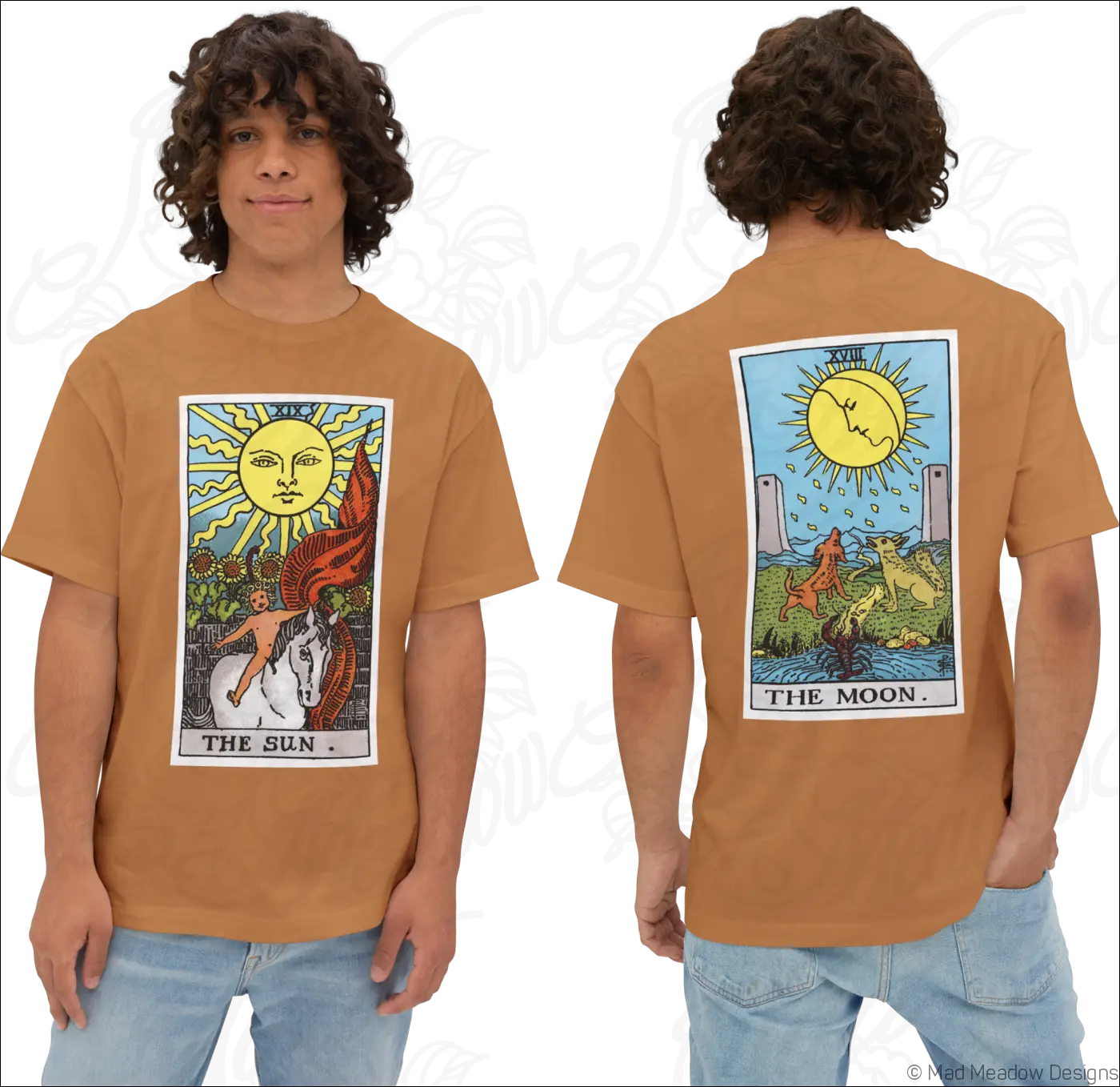 Tan oversized boxy short sleeve tee with rider waite smith tarot card designs front and back, low heat care recommended
