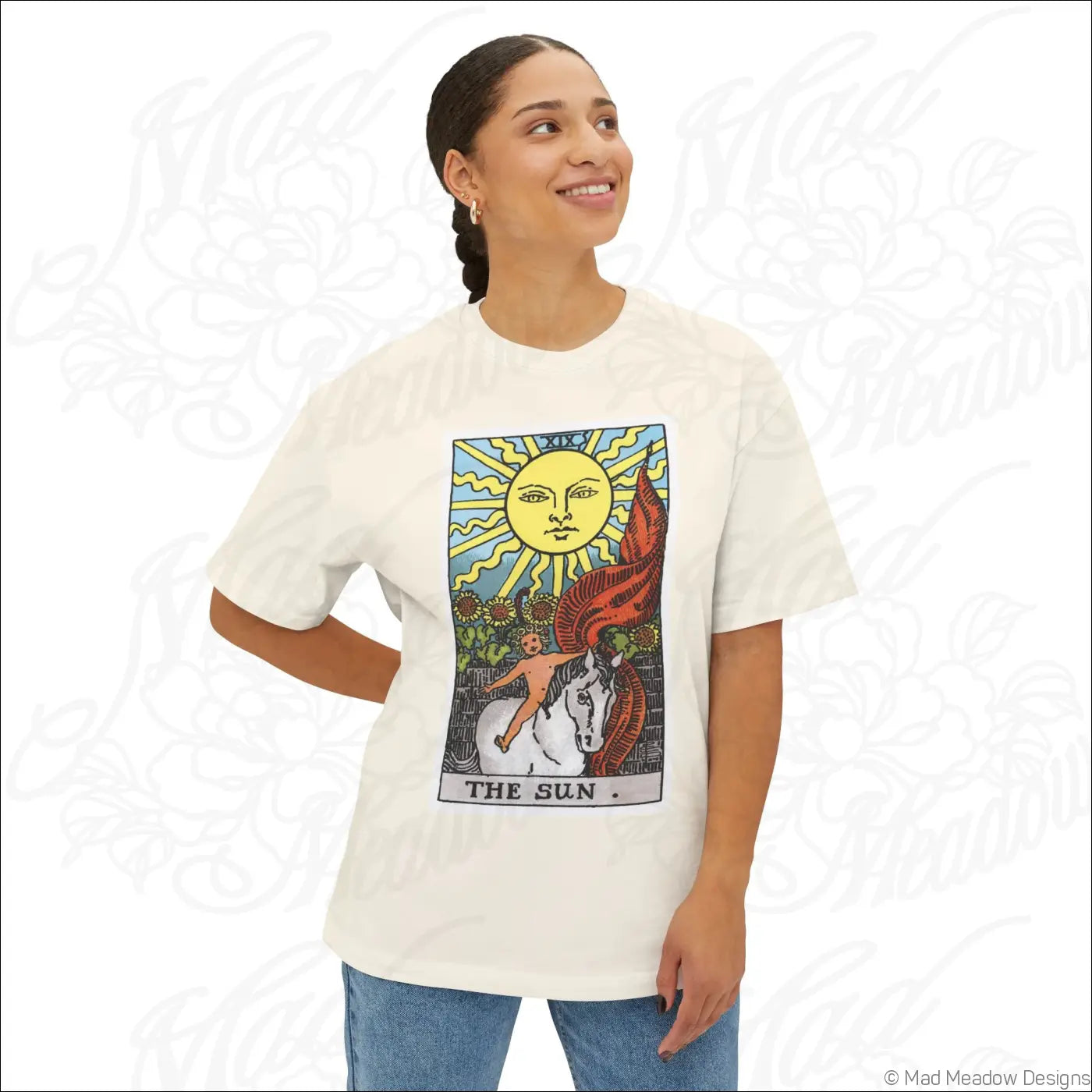 Cream cotton oversized boxy tee with vibrant sun tarot rider waite smith print perfect for low heat care