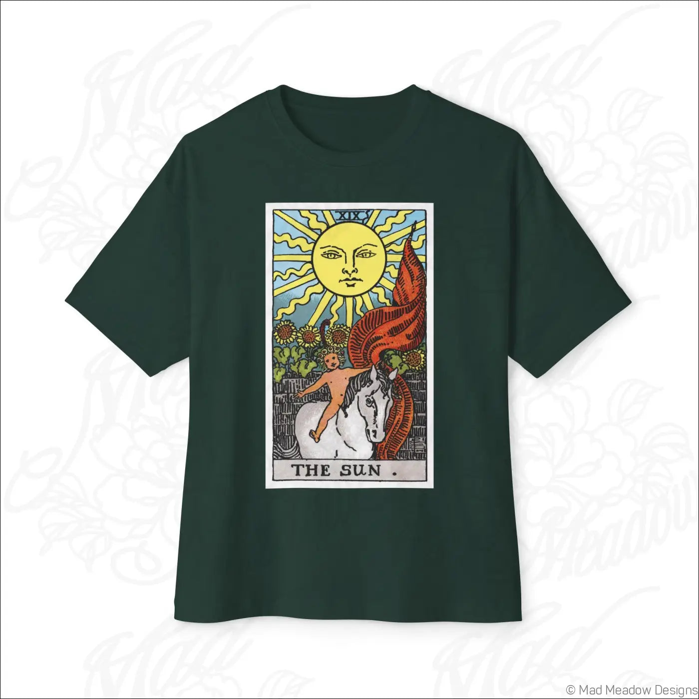Dark green oversized boxy tee with colorful sun tarot card print, soft cotton, easy care with low heat drying