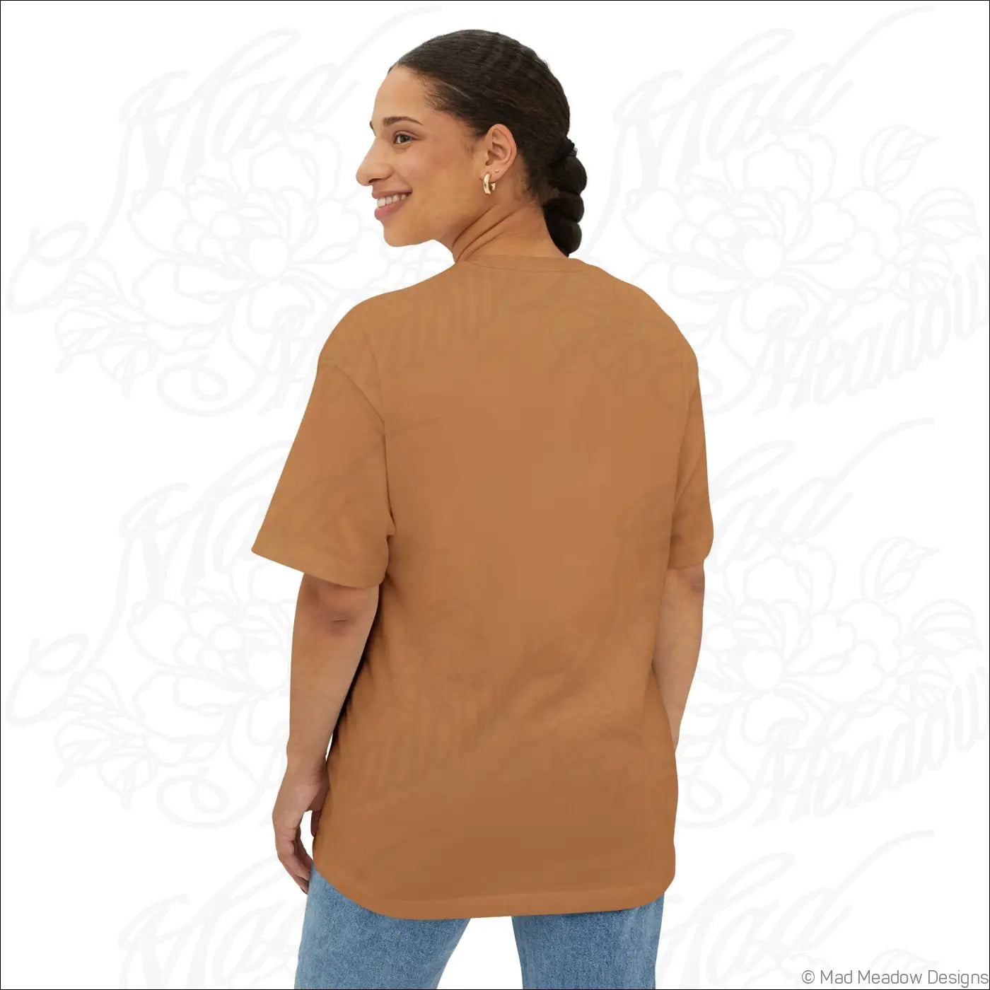 A soft tan cotton oversized boxy tee with short sleeves and relaxed fit perfect for low heat care