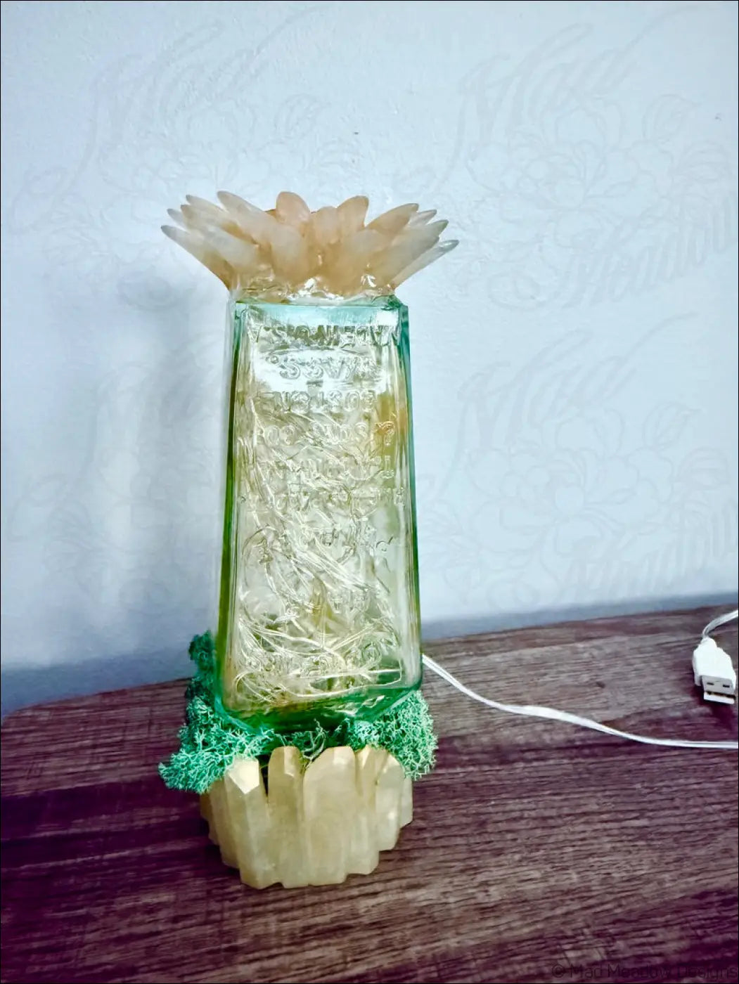 Sunflower antique noonans hair petrole bottle usb light with translucent green glass lamp and yellowish crystal base