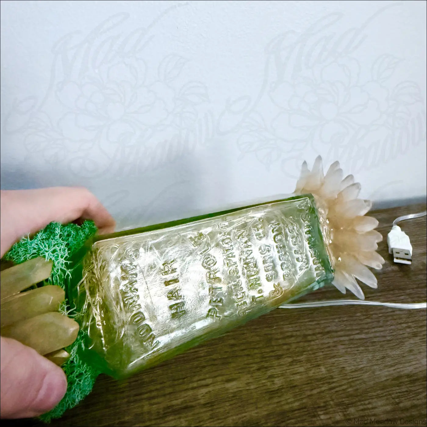 Green glass hair petrole bottle with embossed text and white flower decoration for sunflower antique noonan usb light