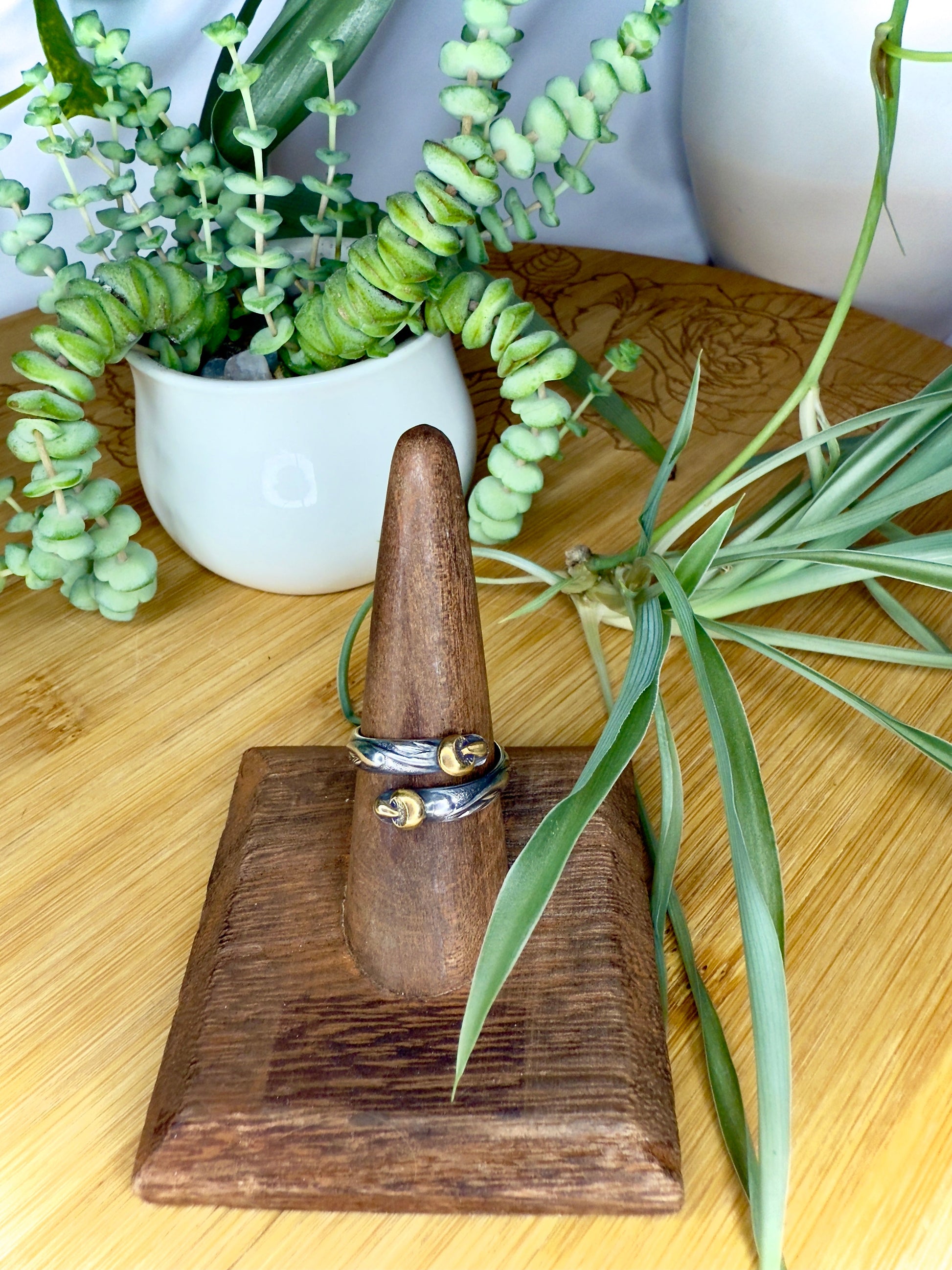 Swirl Sterling Silver Wrap Ring with Brass Accents Flowers Mushrooms Strawberries - Jewelry