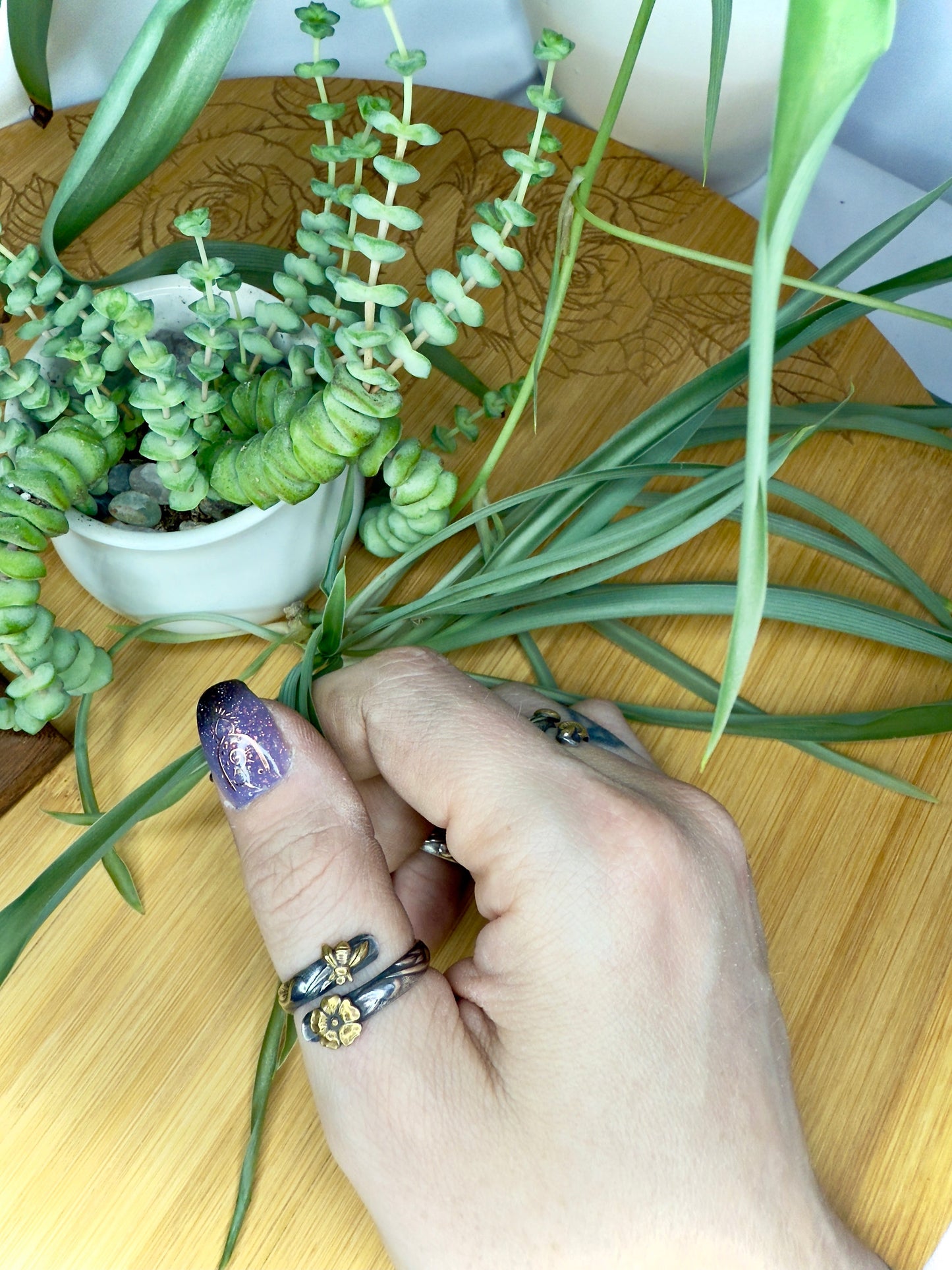 Swirl Sterling Silver Wrap Ring with Brass Accents Flowers Mushrooms Strawberries - Bee & Flower - Jewelry