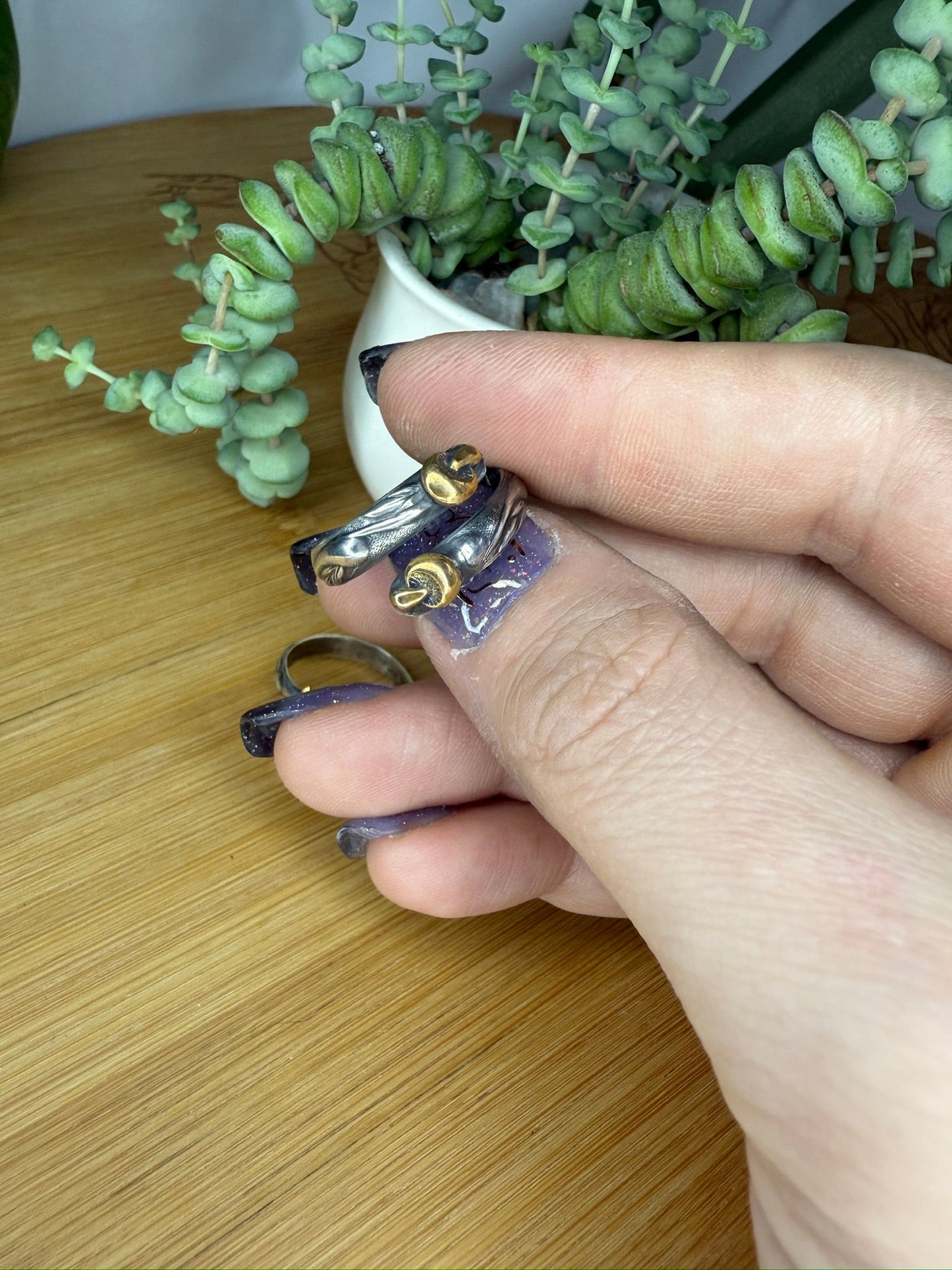 Swirl Sterling Silver Wrap Ring with Brass Accents Flowers Mushrooms Strawberries - Jewelry