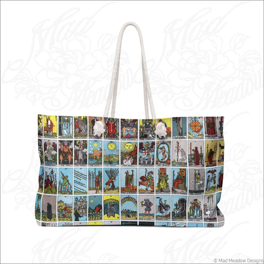 A vibrant tarot card collage weekender bag with spun polyester, white rope handles, and decorative pom-poms care instructions included